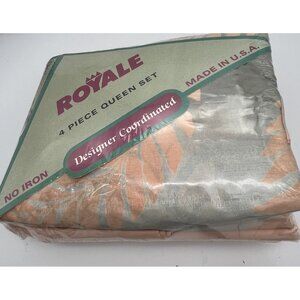Vintage Royale 4 pc queen Sheet Set Flat Fitted Pillowcase Peach NOS
